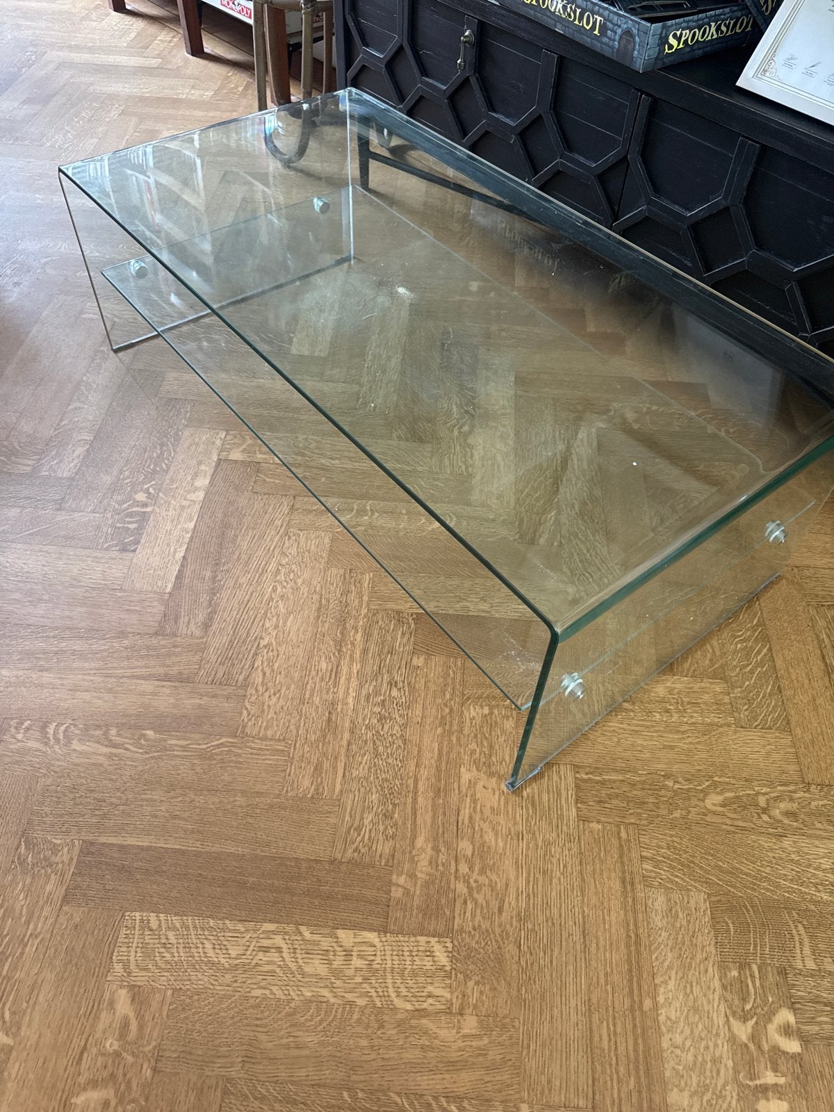 Glazen salontafel met extra plank, Huis en Inrichting, Tafels | Salontafels, Ophalen, Minder dan 50 cm, Gebruikt, 100 tot 150 cm