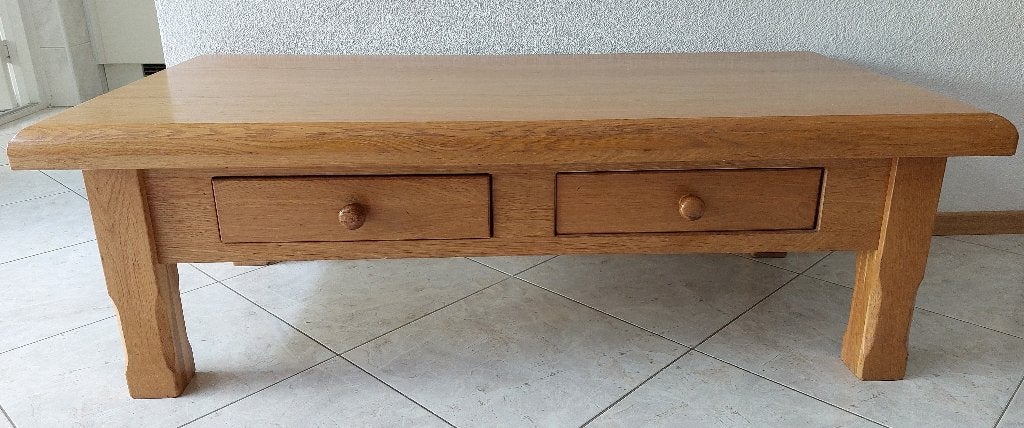 Massief licht eiken salon tafel met lades, Ophalen, Gebruikt, 100 tot 150 cm, Eikenhout