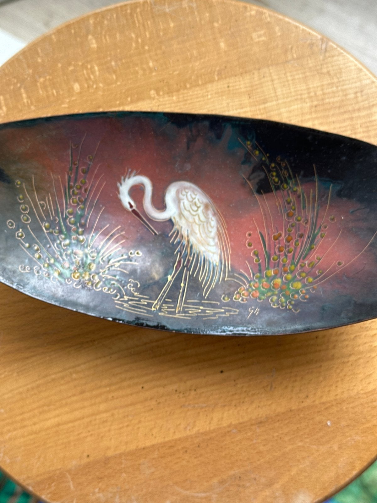 Vintage Ovale Schaal met Kraanvogel Decoratie, Ophalen