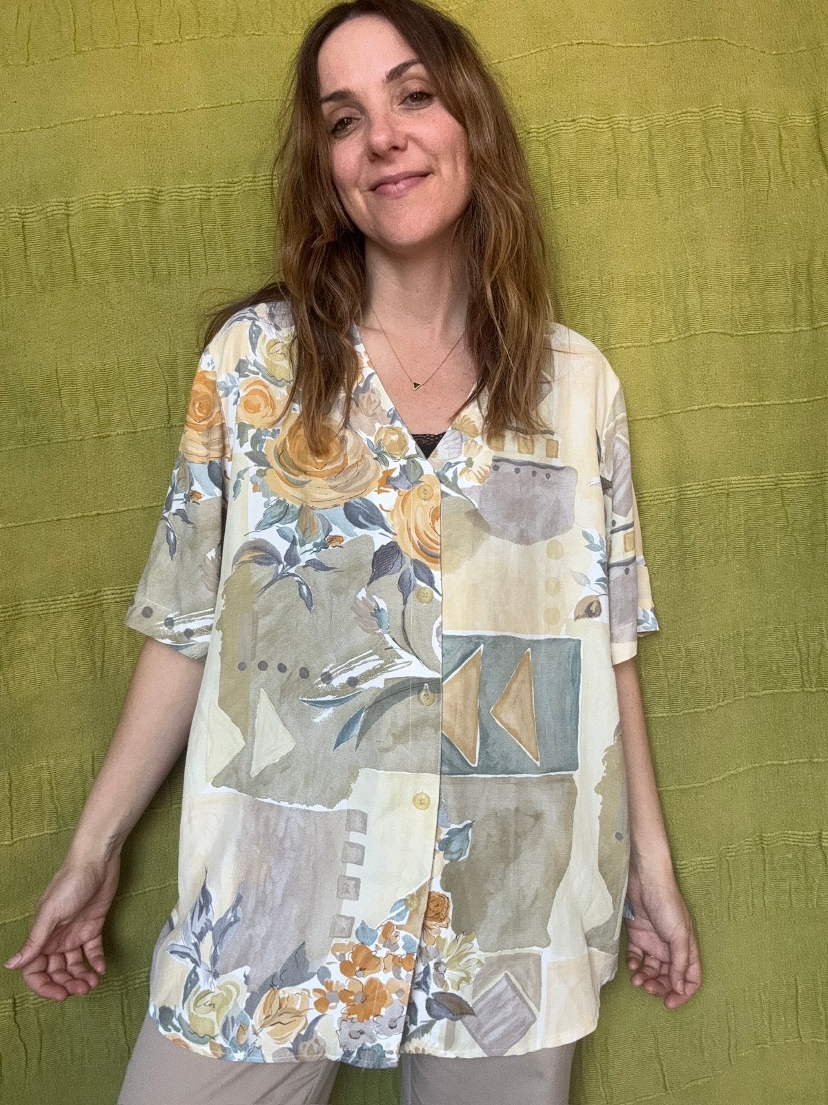 Vintage blouse / shirt - print - oversized - 90s - 42/XL, Hgv, Maat 42/44 (L), Ophalen of Verzenden, Gedragen
