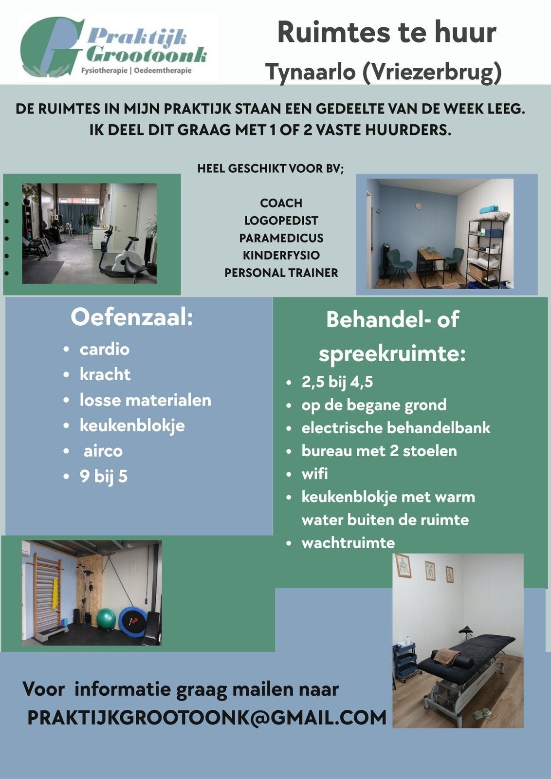 Praktijkruimte en oefenzaal te huur Tynaarlo Drenthe, Ophalen of Verzenden, Nieuw, Overige typen