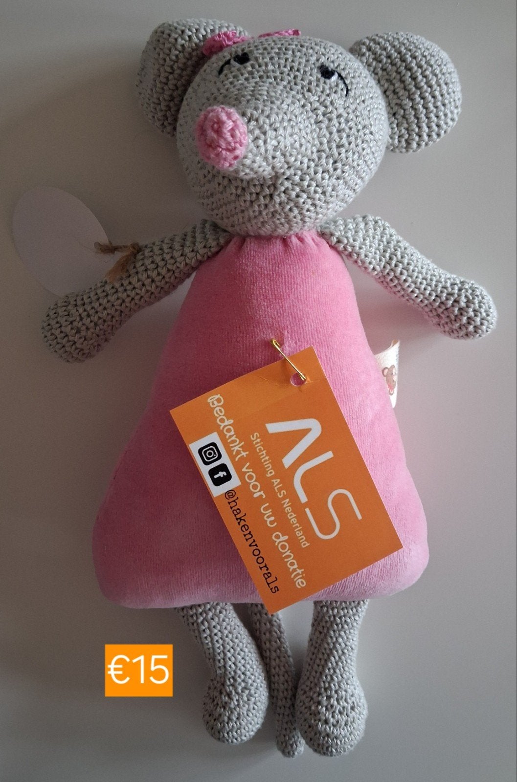 Gehaakte muis knuffel roze jurk ALS donatie, Muis, Overige merken, Overige karakters, Nieuw