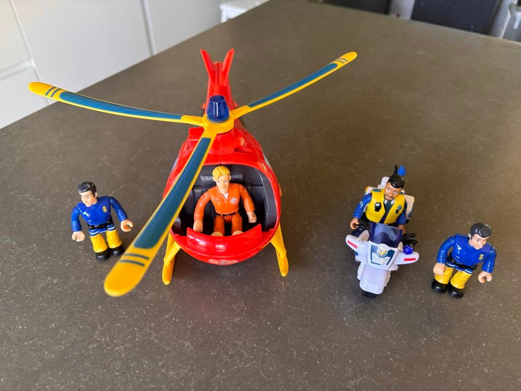 Brandweerman Sam set: Helikopter, motor en 4 poppetjes, Ophalen of Verzenden, Gebruikt