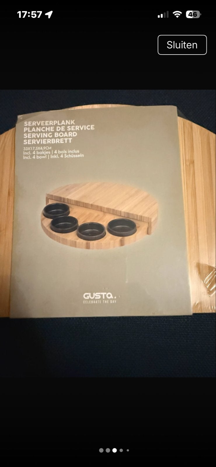 Gusta Serveerplank met 4 schaaltjes - Nieuw in doos, Huis en Inrichting, Hout, Snij-/serveerplank, Nieuw, Gusta