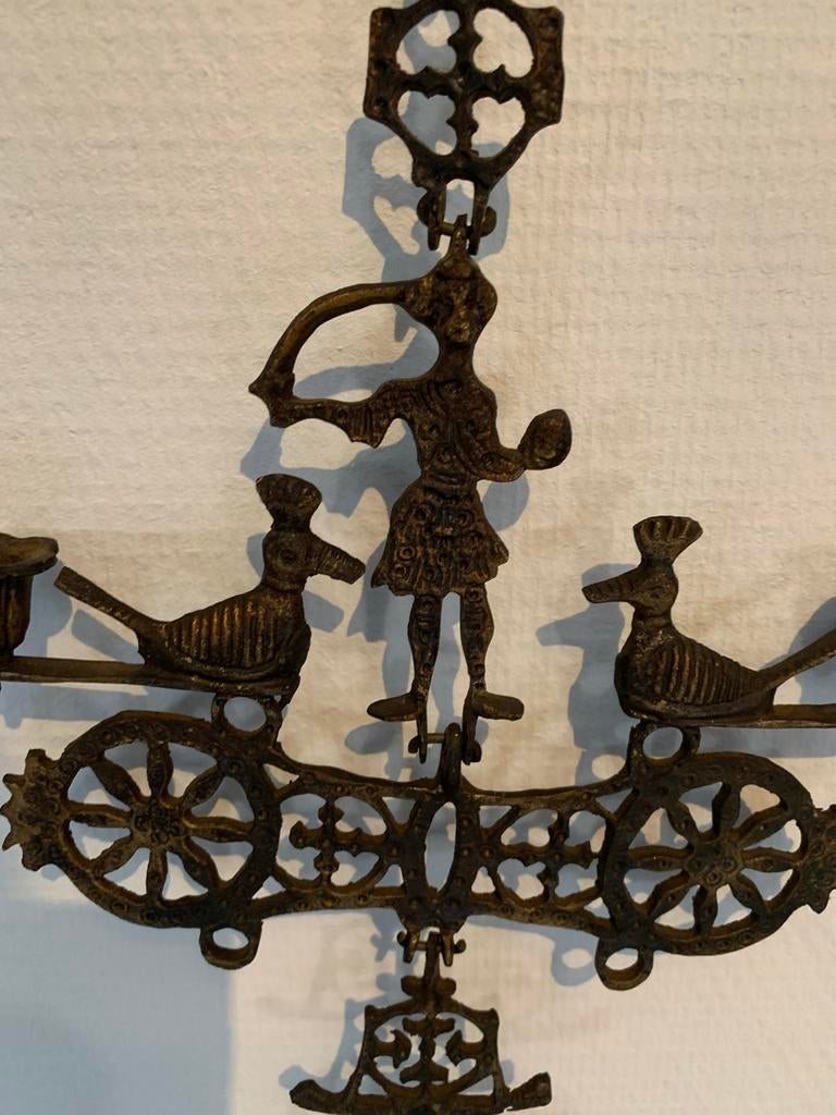 Antieke Koperen Kandelaar met Figuur en Vogels, Ophalen of Verzenden, Koper of Brons