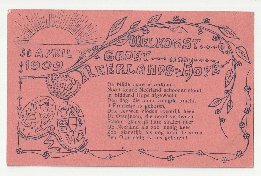 Welkomst groet Neerlands Hope Juliana 1909, Verzamelen, Koninklijk Huis en Royalty, Gebruikt, Verzenden, Kaart, Foto of Prent