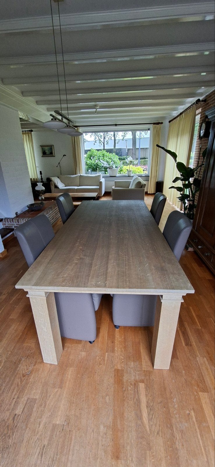 Mooie vergrijsde(bruin/grijs) houten eettafel, Ophalen, 200 cm of meer, 50 tot 100 cm, Zo goed als nieuw