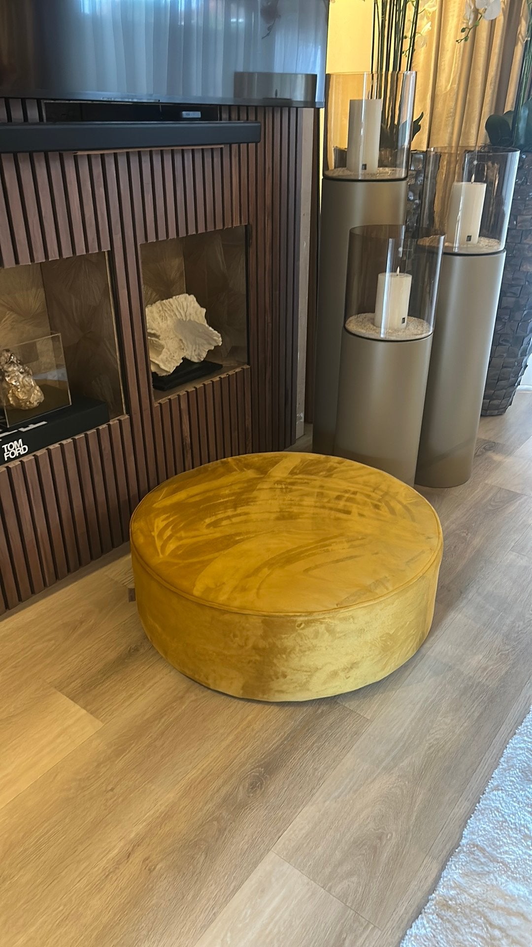 Super  grote ronde poef voetenbank salontafel WOOOD 79x27, Huis en Inrichting, Ophalen, Zo goed als nieuw, Rond, Minder dan 50 cm