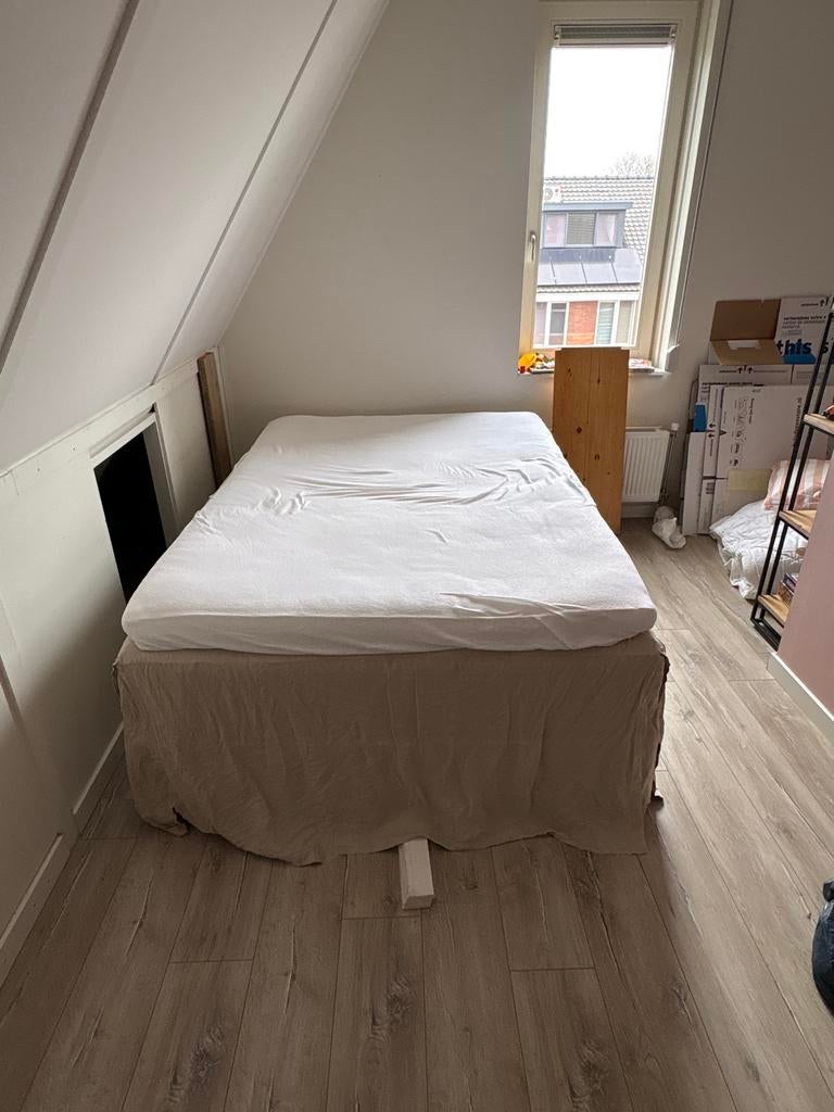 Ikea boxspring met linnen H&M bedrok, Ophalen, Tweepersoons, 140 cm