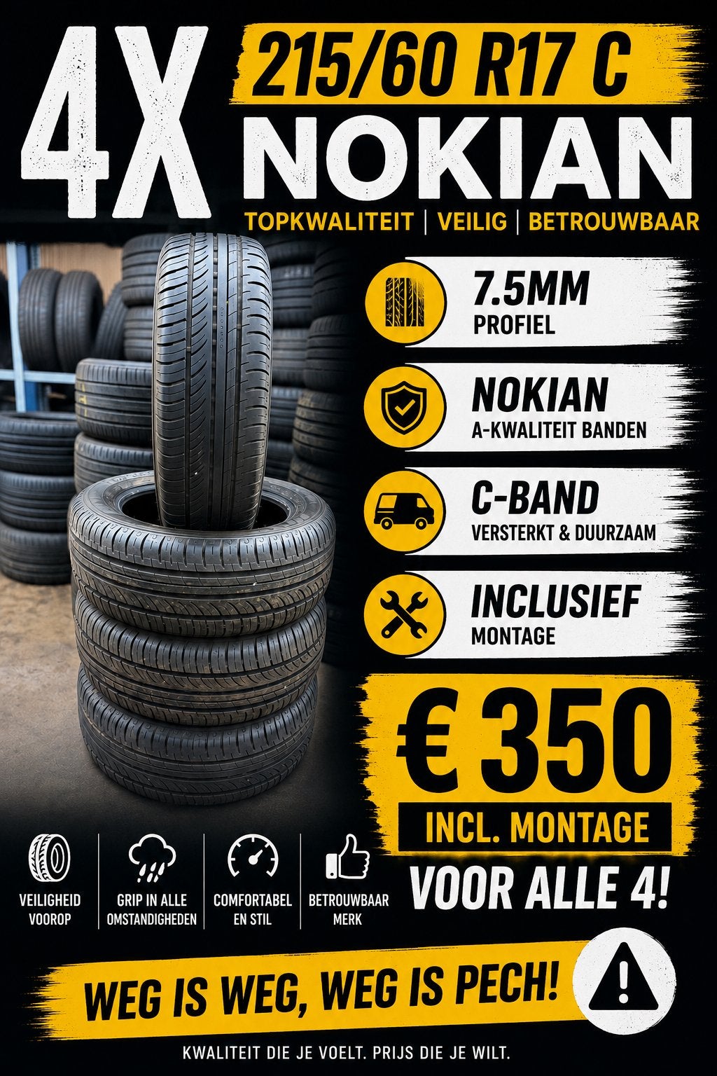 4x Nokian 215-60-17c zomerbanden zgan! *bus* €350 incl montg, Ophalen, 17 inch, Band(en), Zomerbanden