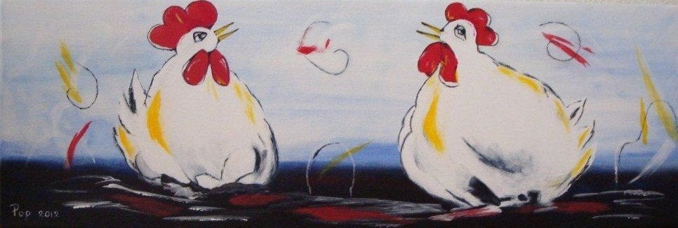 Kippen schilderij, Kippen op doek, Kippen Kunst Art Home, Antiek en Kunst, Ophalen of Verzenden, Op houten frame, Acrylverf, Dieren