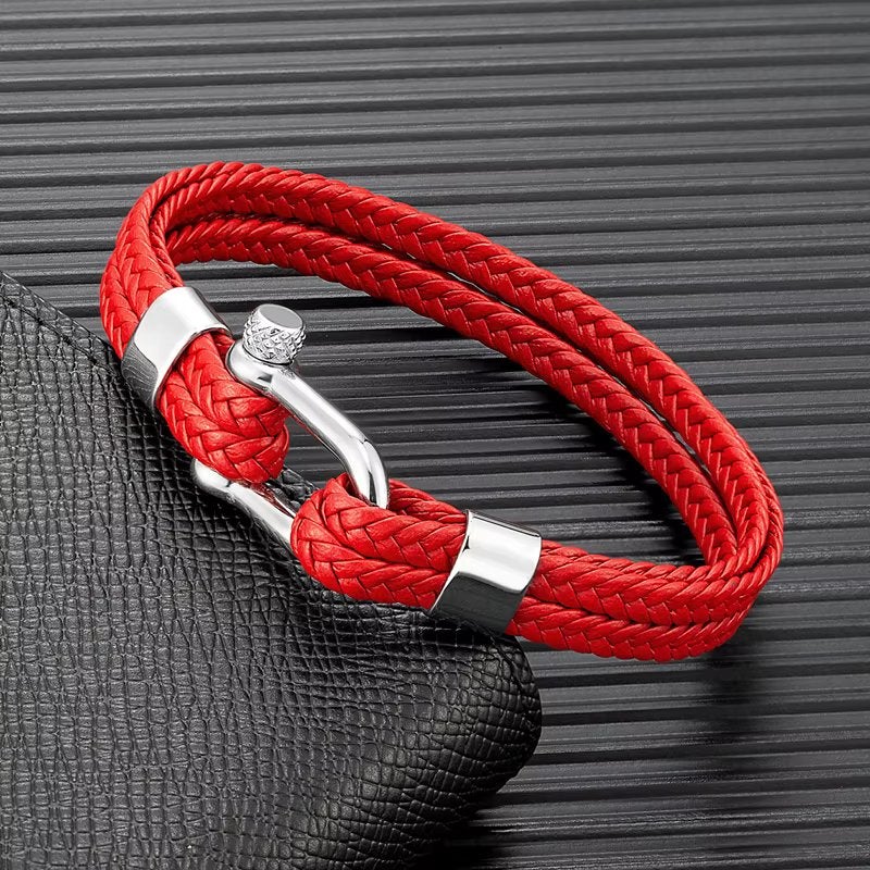 Dubbele Rode Gevlochten Leren Armband Zilveren Sluiting, Verzenden, Nieuw, Rood, Leer