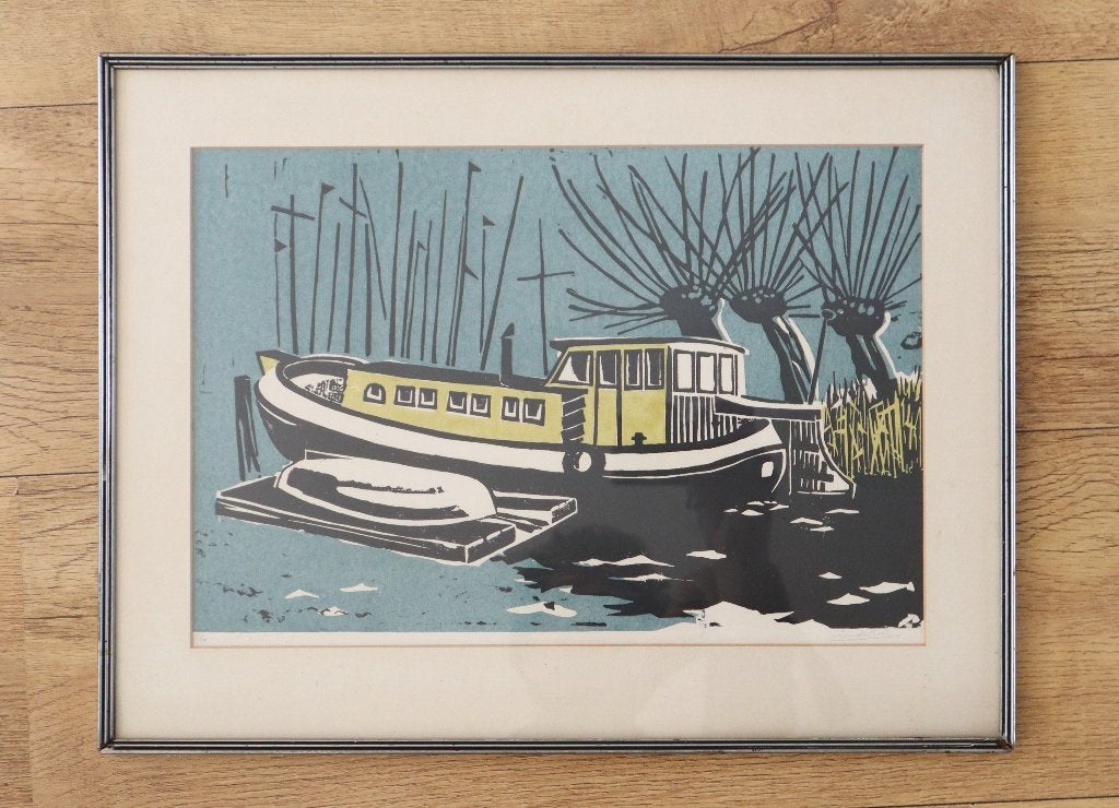 Vintage linosnede van een boot, Antiek en Kunst, Ophalen of Verzenden, Ingelijst