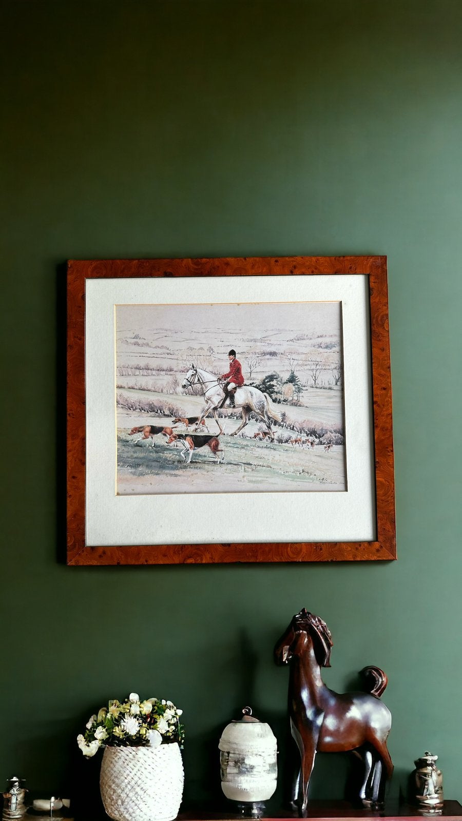 Engelse jachtprent ruiter te paard met jachthonden, Antiek en Kunst, Kunst | Schilderijen | Klassiek, Ingelijst, Dieren, Ophalen of Verzenden
