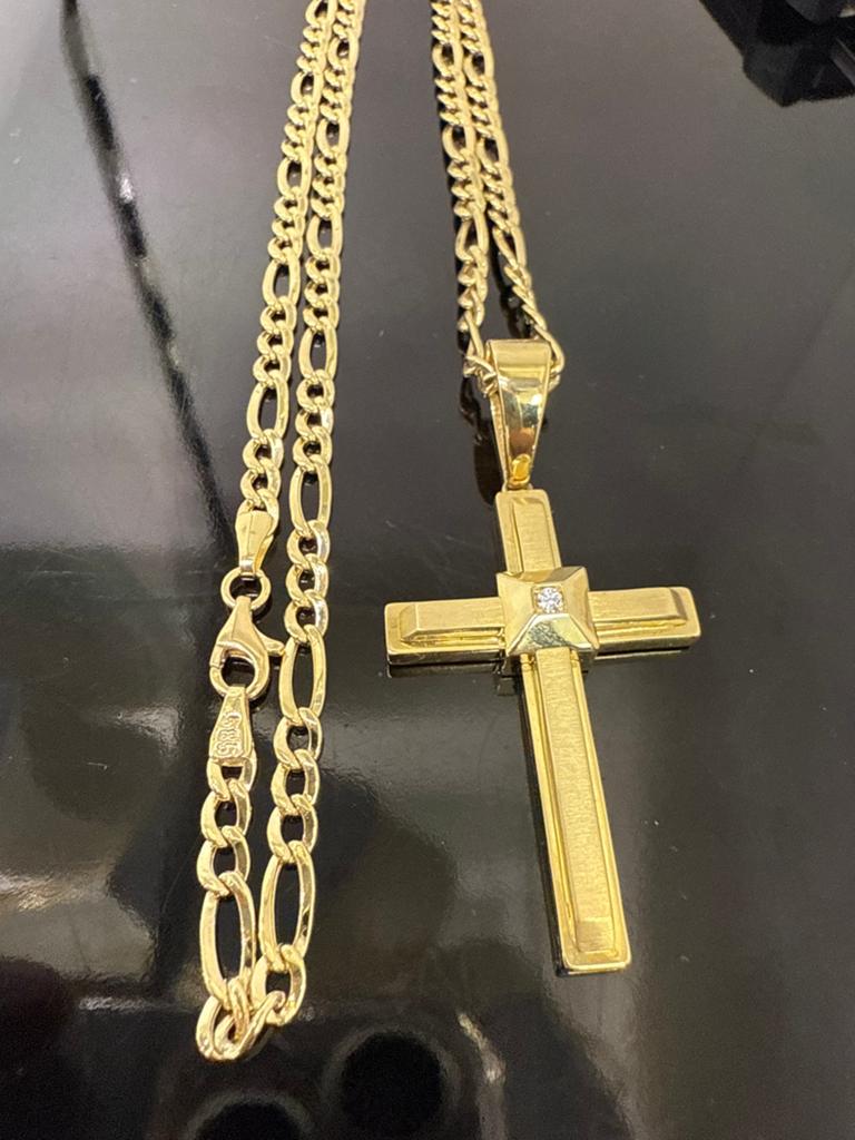 Prachtige 14k gouden figaro ketting met kruis hanger, Ophalen of Verzenden, Nieuw, Goud