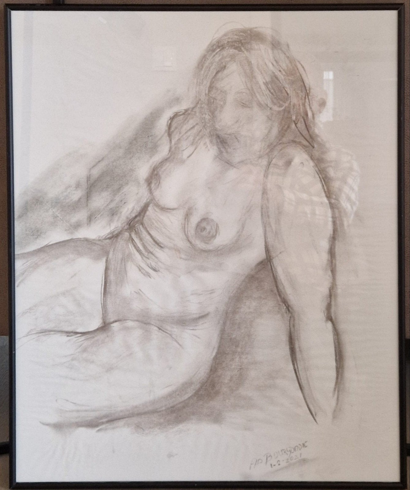 Houtskool tekening vrouwelijk naakt 50x60 cm, Antiek en Kunst, Kunst | Tekeningen en Foto's, Ophalen, Houtskooltekening, Ingelijst