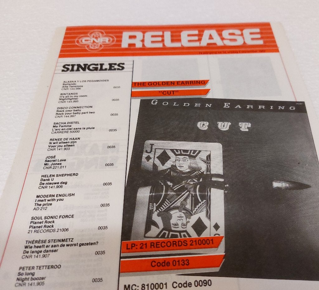 The Golden Earring PROMO FOLDER CNR 1982 Cut Nederpop, CNR, Verzenden, NvT, Boek, Tijdschrift of Artikel