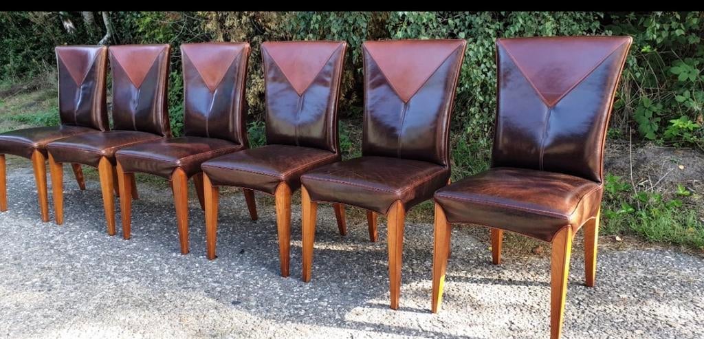 6 Mol en Geurts lederen eetkamerstoelen, Ophalen, Gebruikt, Bruin, Leer