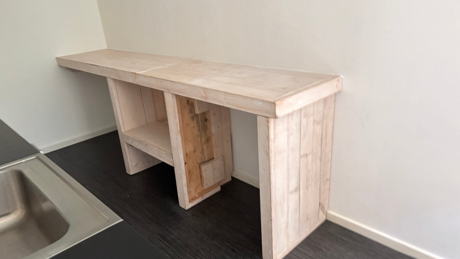 Steigerhouten wandtafel/bar 280x54x93cm, Huis en Inrichting, Tafels | Sidetables, Ophalen, Gebruikt, 200 cm of meer, Rechthoekig