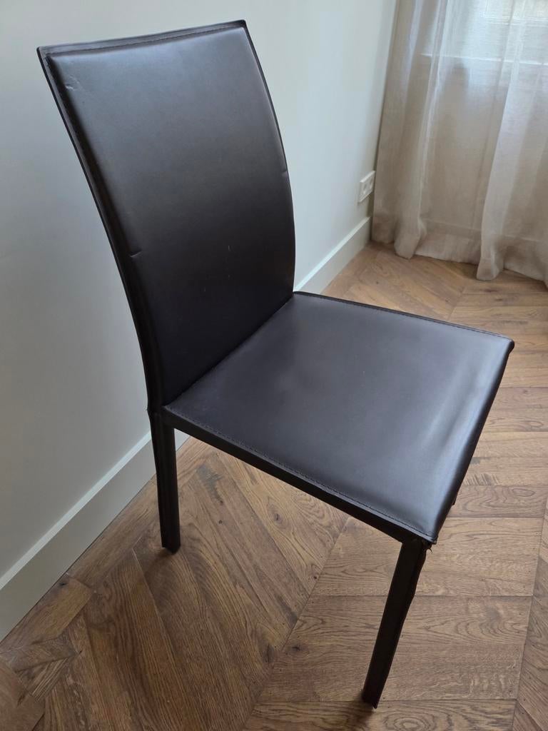 6 Donkerbruine lederen eetkamerstoelen, Huis en Inrichting, Stoelen, Gebruikt, Bruin, Leer, Ophalen of Verzenden