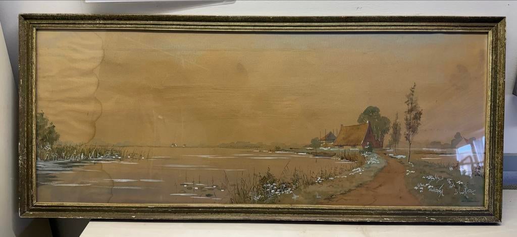 Piet Zonneveld - Hollands Landschap Aquarel, Antiek en Kunst, Kunst | Schilderijen | Klassiek, Ophalen