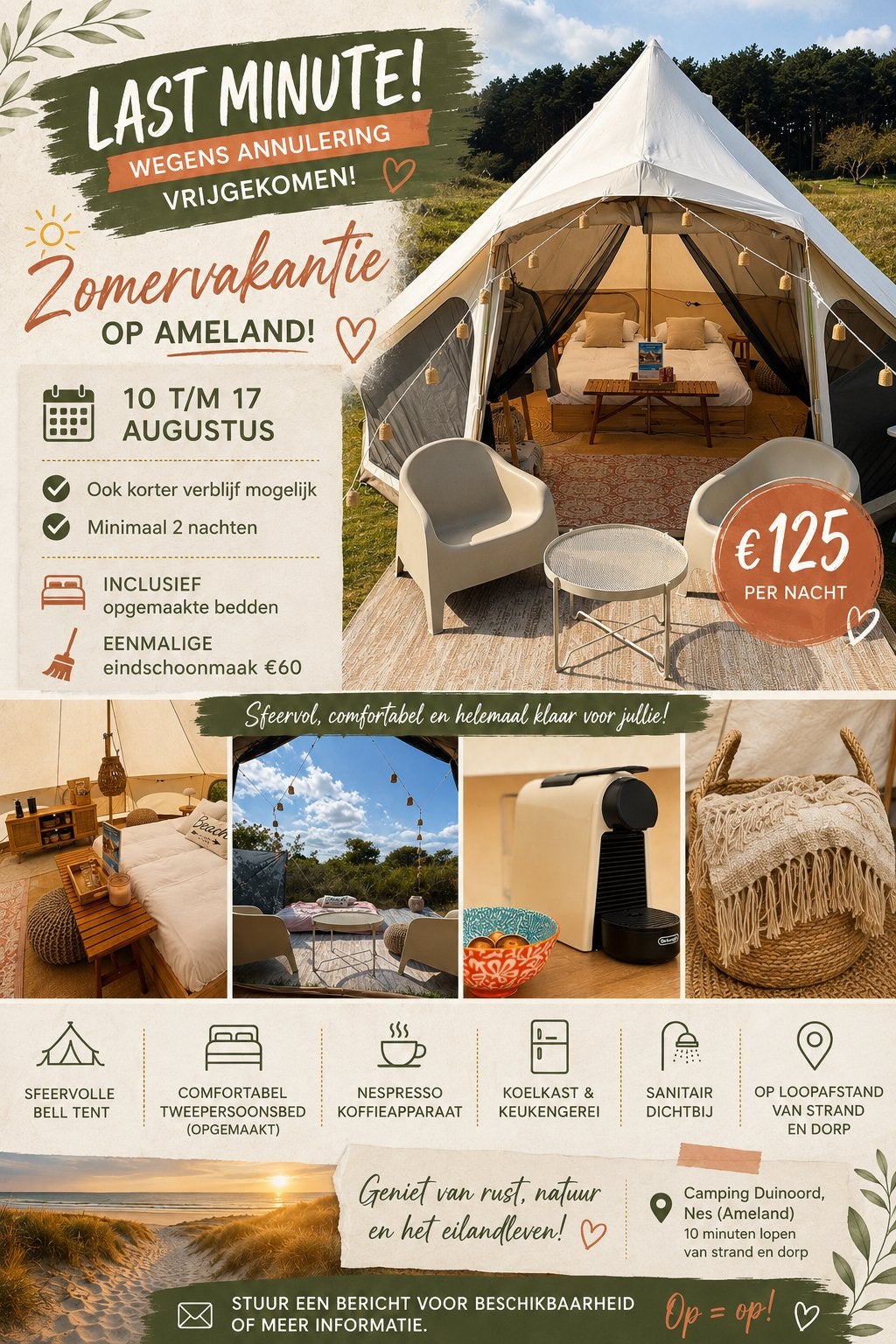 Lastminute Ameland Bell Tent Glamping 10-17 augustus, Ophalen of Verzenden, Nieuw