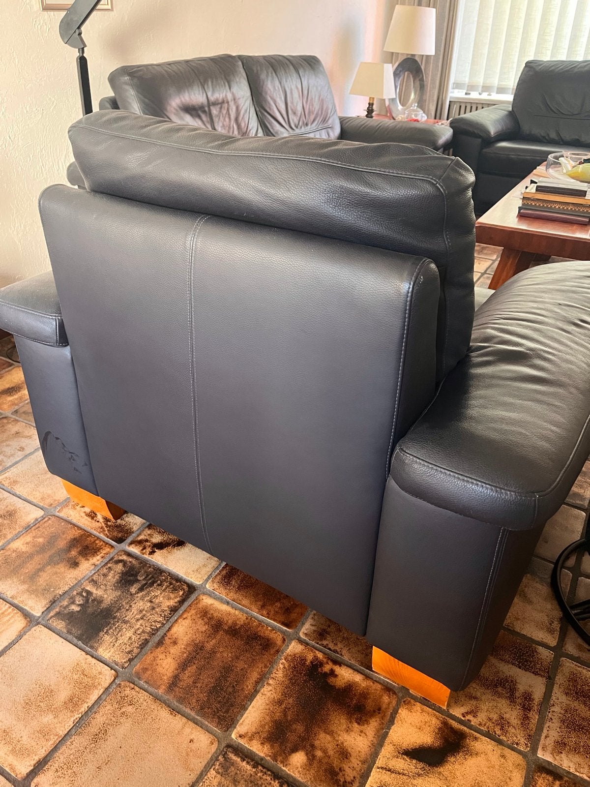 Montel donkerblauw lederen bankstel: fauteuil, 2-zits, 2.5-z, Ophalen, 250 tot 300 cm, Gebruikt, Rechte bank