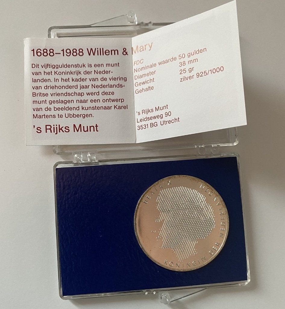 Zilveren 50 Gulden Munt 1988 Willem & Mary FDC compleet, Postzegels en Munten, Koningin Beatrix, Zilver, Ophalen of Verzenden