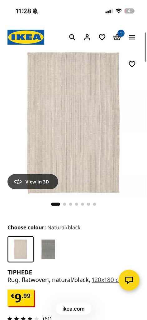 IKEA TIPHEDE Vloerkleed, platgeweven, naturel/zwart, 120x180, 100 tot 150 cm, Beige, Ophalen of Verzenden, Zo goed als nieuw