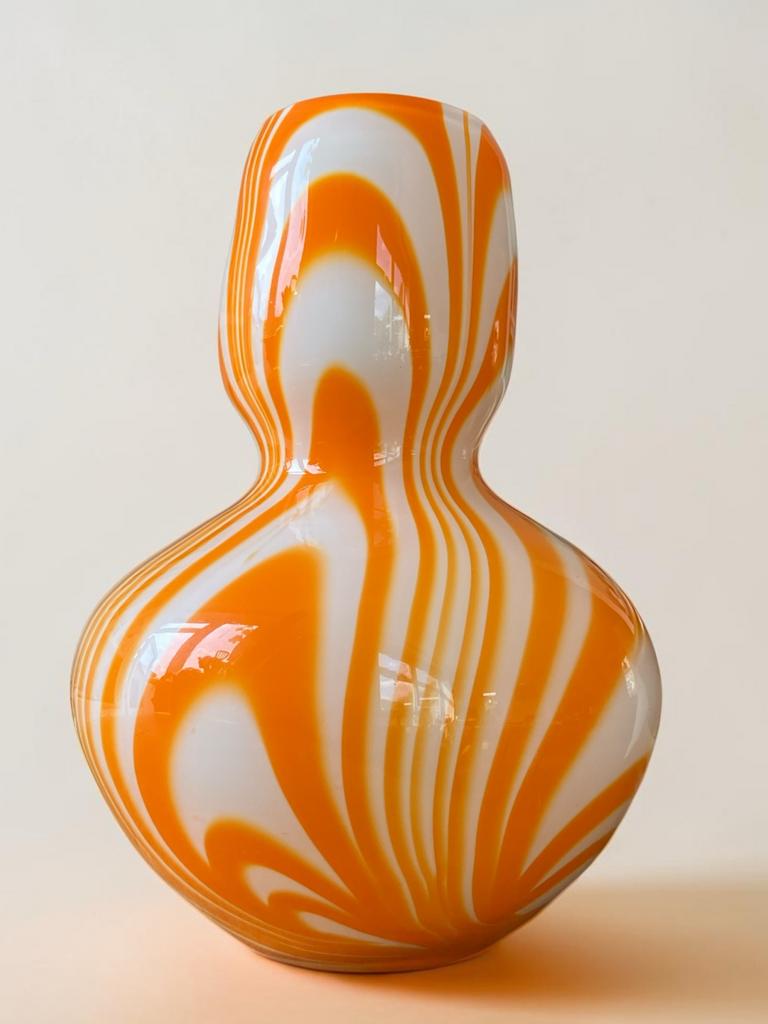Carlo Moretti Vintage Murano Glazen Vaas Oranje/Wit, Ophalen