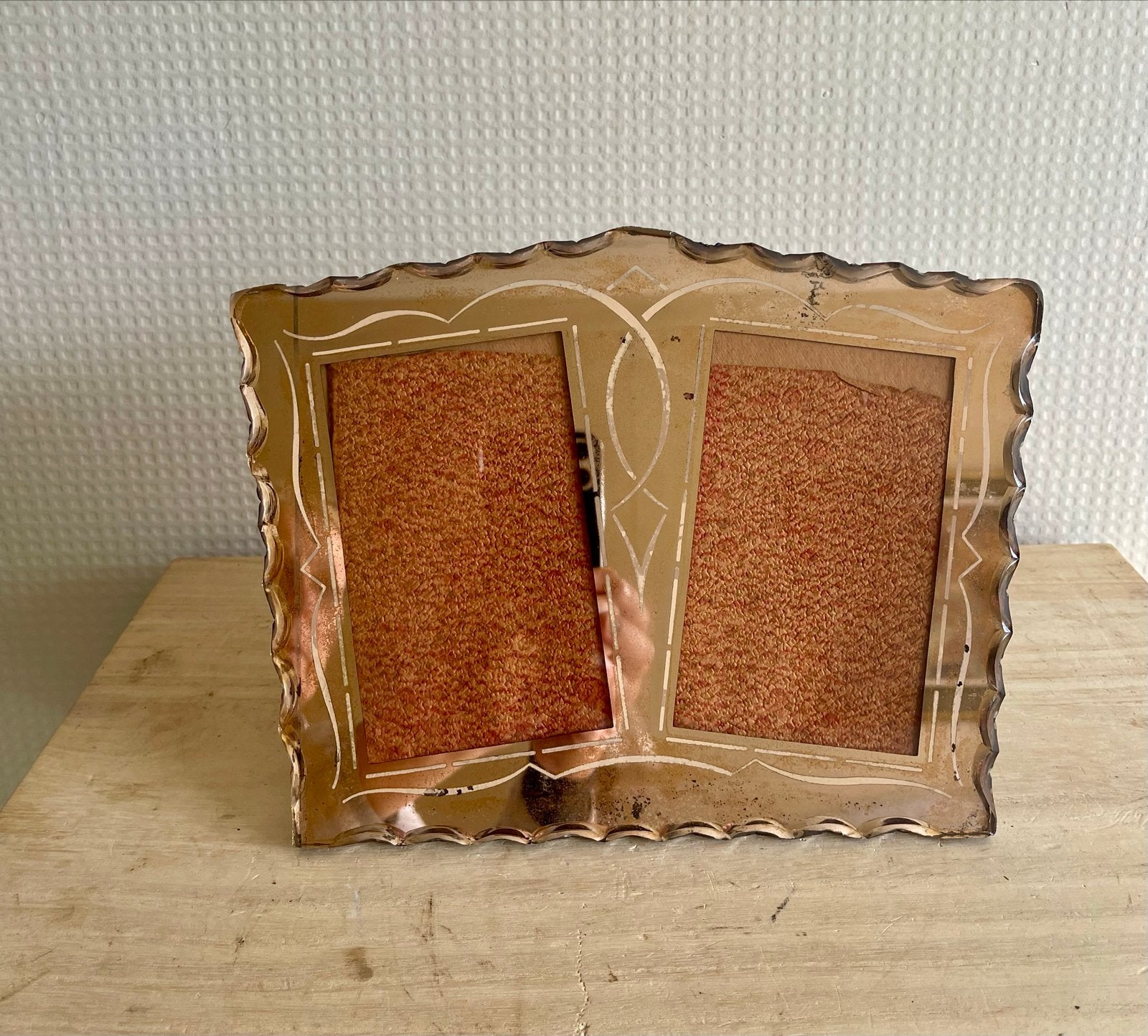 Vintage bronskleurig glazen duo fotolijst, Gebruikt, Ophalen of Verzenden, Glas, Fotolijst