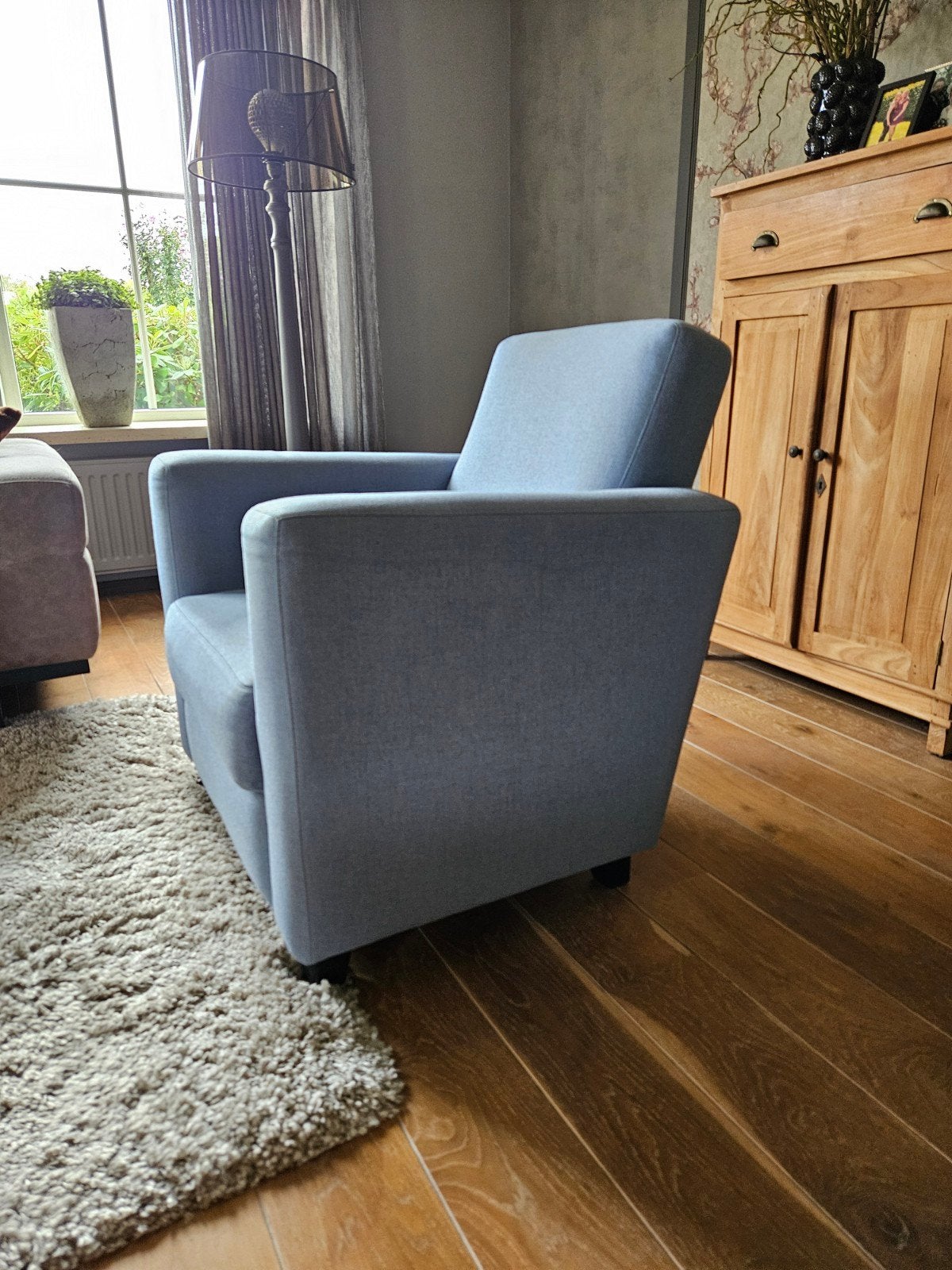 Comfortabele blauwe fauteuil, Huis en Inrichting, Ophalen, Gebruikt, 75 tot 100 cm, 75 tot 100 cm