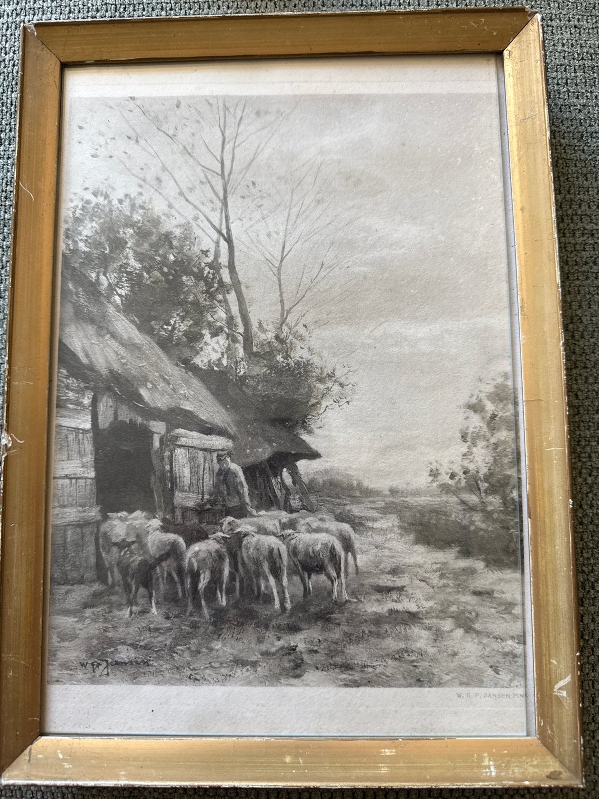 Ingelijste tekening van herder met schapen, Antiek en Kunst, Ophalen of Verzenden, Tekening, Potloodtekening, Ingelijst