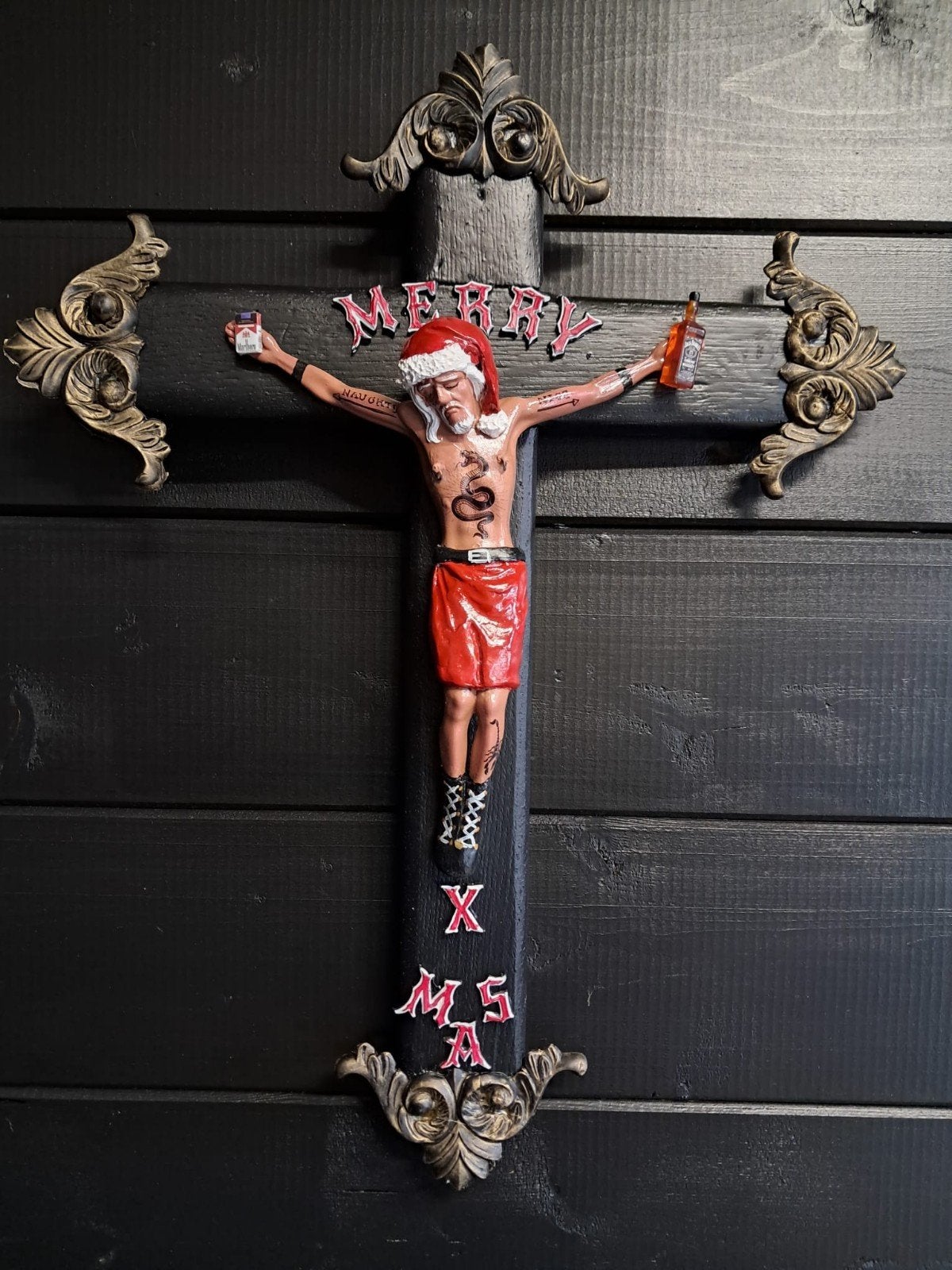 Jezus kerstkruis kerstman uniek object silly art, Antiek en Kunst, Ophalen of Verzenden