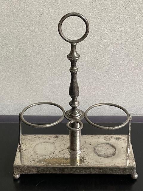 Franse antieke metalen/verzilverde olie/azijn-flessenhouder, Ophalen of Verzenden