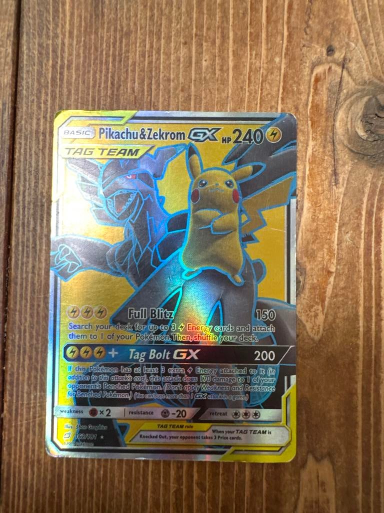 Pikachu & Zekrom GX Full Art Pokémon Kaart, Ophalen of Verzenden, Gebruikt, Losse kaart, Foil