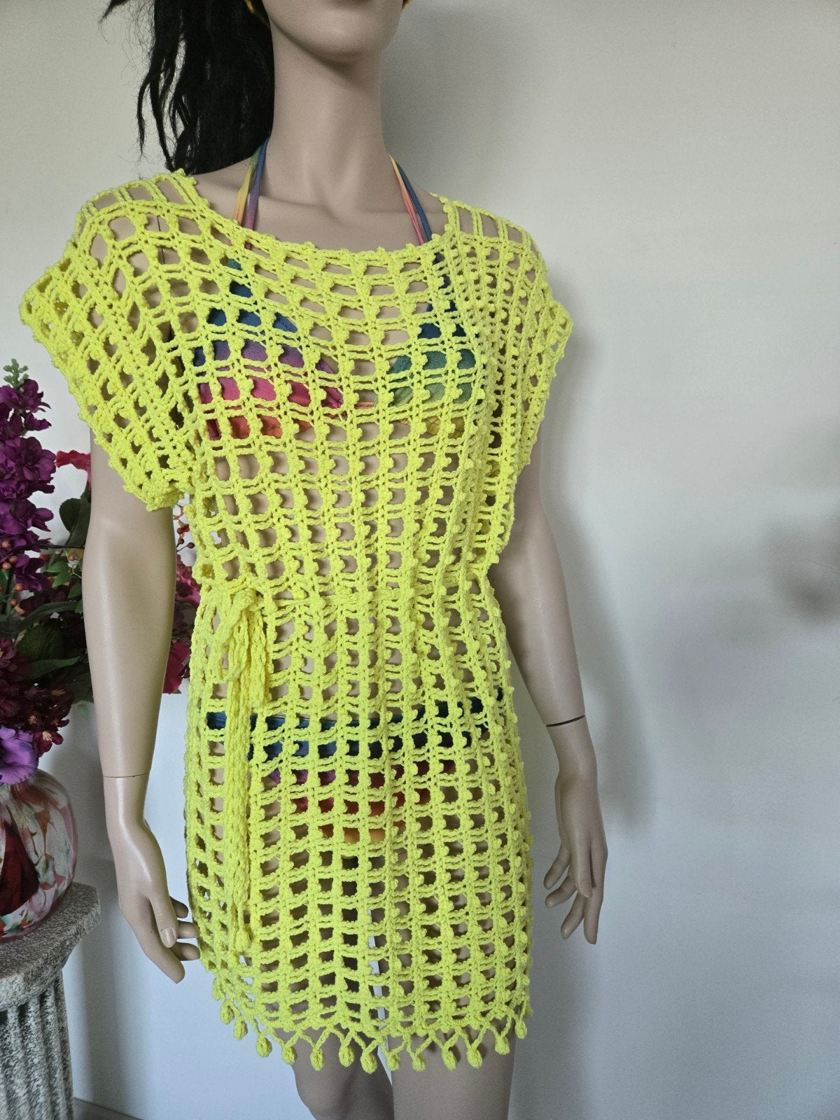 Handmade Neon Yellow Crochet Beach Dress / Tuniek (S/M/L), Overige typen, Geel, Nieuw, Ophalen of Verzenden