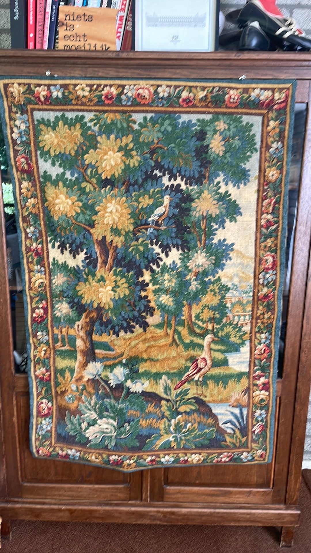 Antieke Aubusson wandtapijt 90 x 130  'Le Chêne et l'Oiseau', Antiek en Kunst, Ophalen