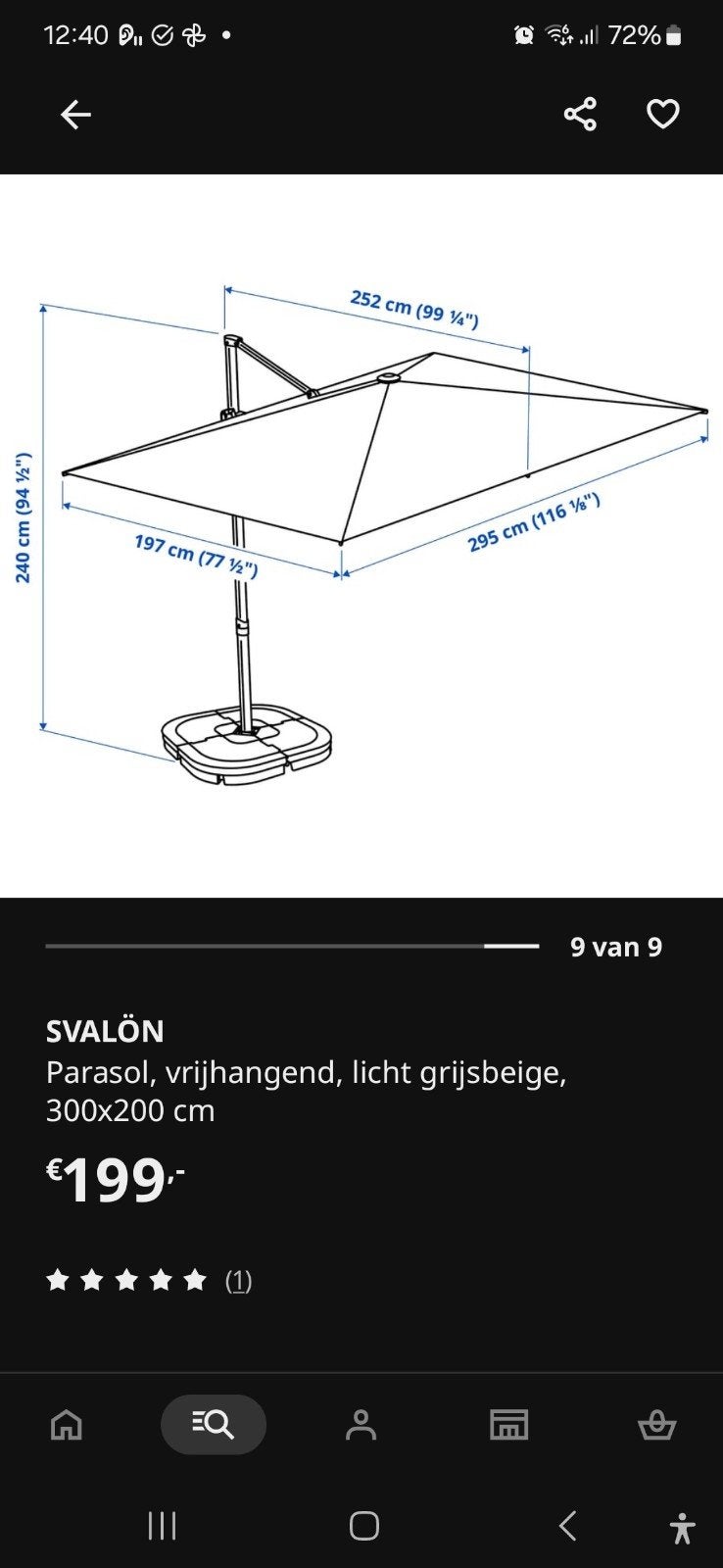 IKEA SVALÖN Zweefparasol, licht grijsbeige, 300x200 cm, Ophalen, Kantelbaar, 2 tot 3 meter, Zweefparasol
