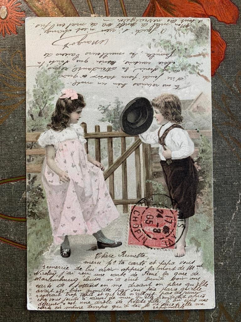 1905 Goedendag - jongen en meisje bij hekje (BB), Ophalen of Verzenden, Voor 1920, Gelopen, Kinderen