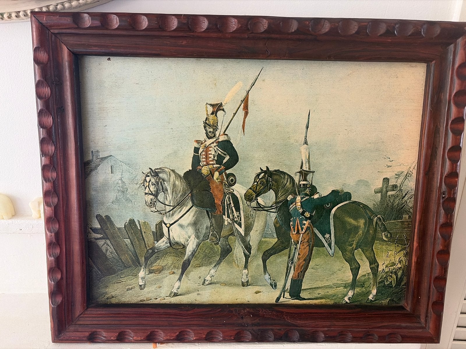 Vintage ingelijste prent van cavalerie soldaten, Ophalen of Verzenden