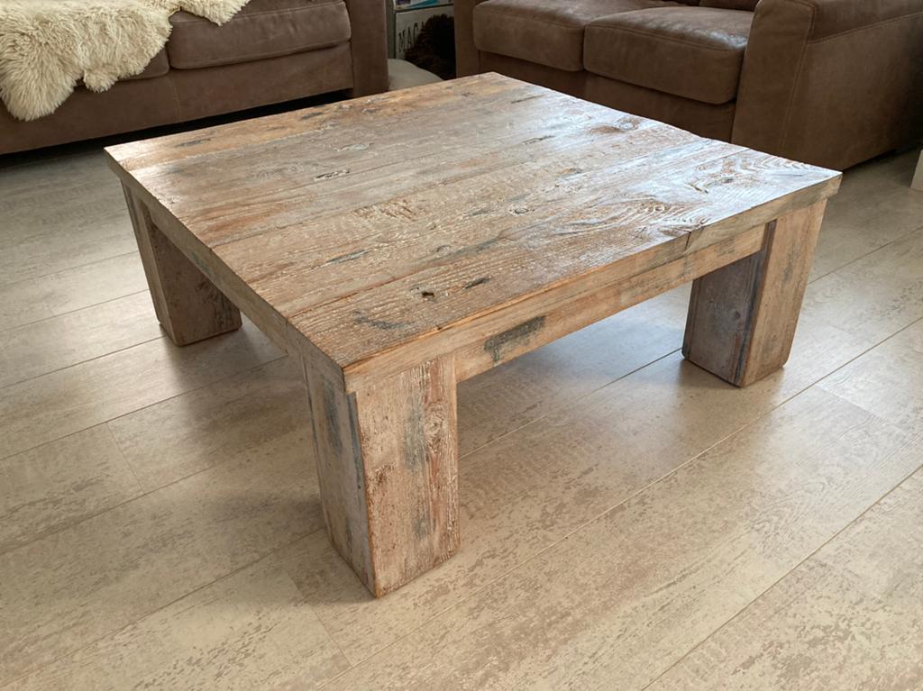 Salontafel whitewash wagonhout 100x100x41, Ophalen, Minder dan 50 cm, Vierkant, Minder dan 50 cm