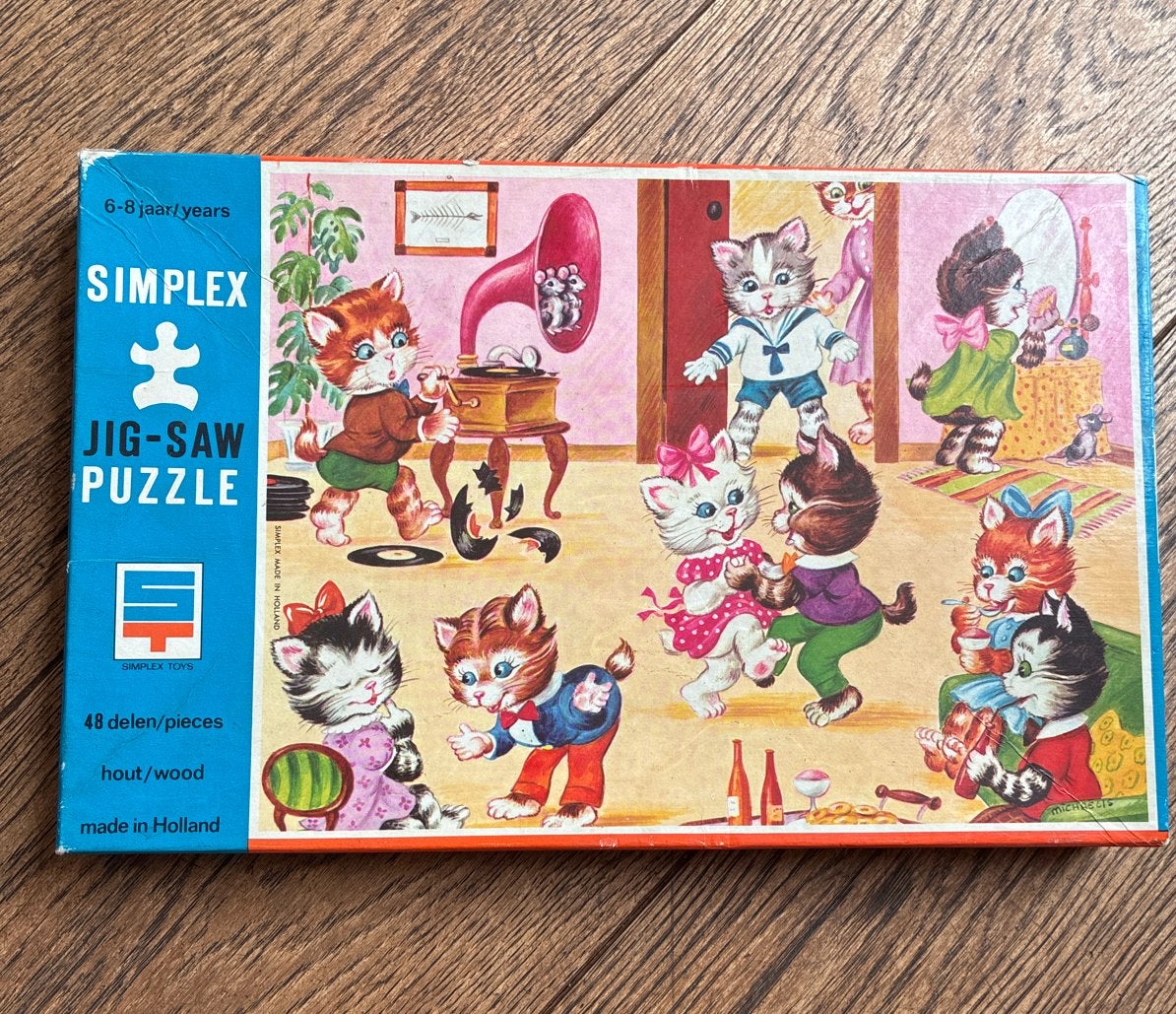 Vintage Simplex Houten Katten Puzzel 48 Stukjes, Gebruikt, 10 tot 50 stukjes, Ophalen of Verzenden, Van hout
