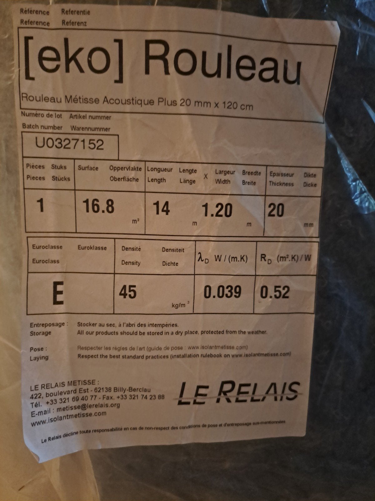 Eko Rouleau Métisse Akoestische Plus Isolatie 20mm x 120cm, Overige materialen, Nieuw, 5 tot 10 m², Muurisolatie