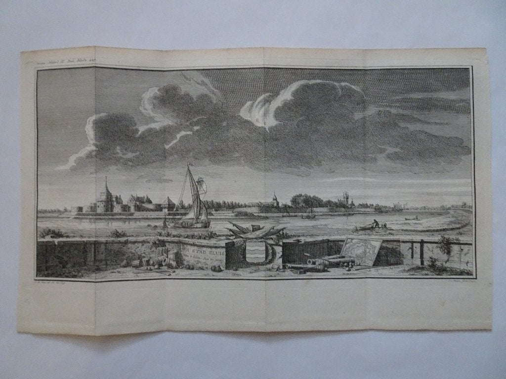 gravure Stad Sluis Zeeuws Vlaanderen Zeeland JC Philips 1745, Antiek en Kunst, Kunst | Etsen en Gravures, Stadsgezicht, Ophalen of Verzenden