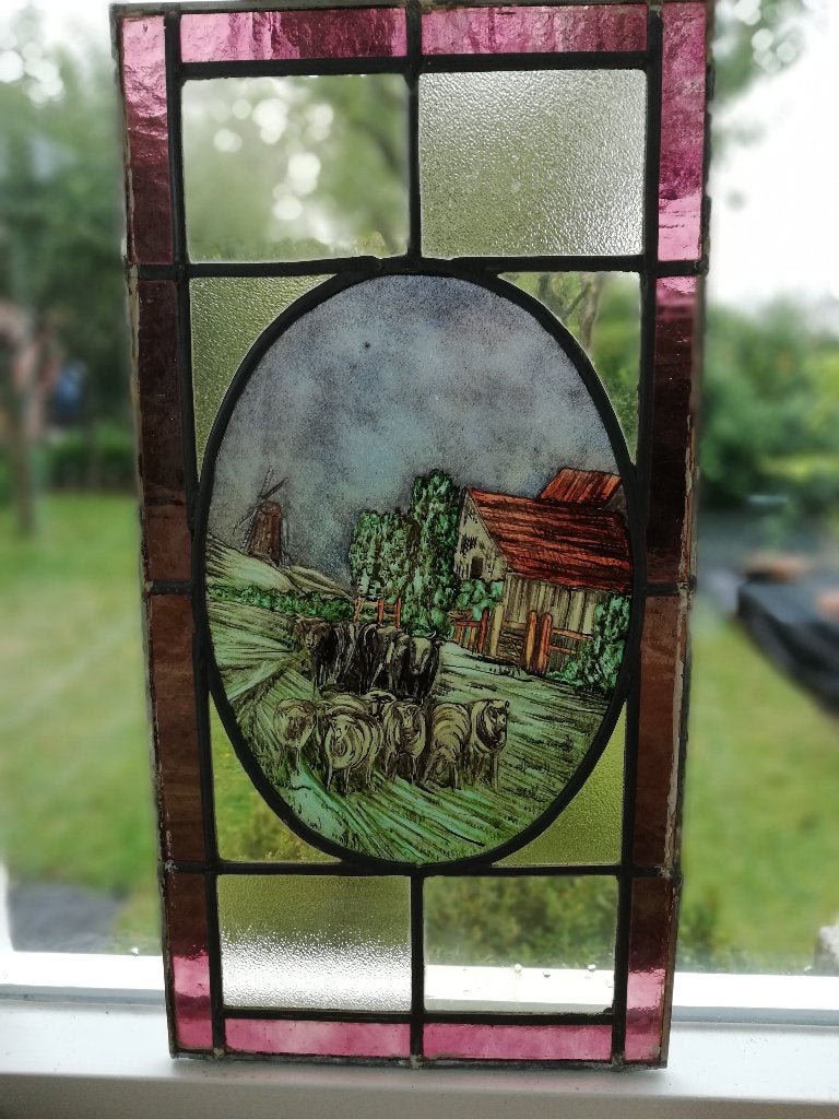 Glas in lood raam 53 x 27 cm, beschilderd schapen landelijk, Ophalen, Zo goed als nieuw, Glas