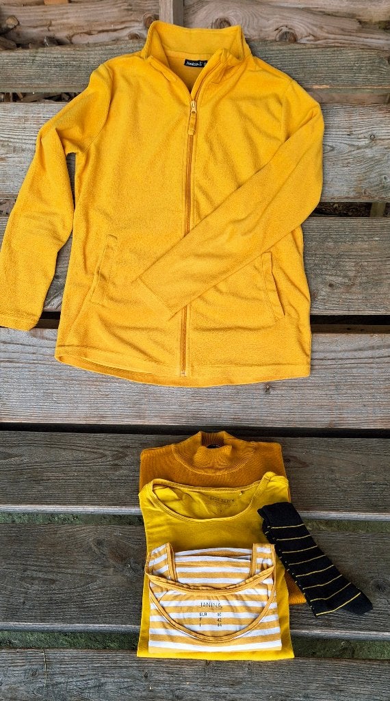 Set bovenkleding, okergeel., Ophalen of Verzenden, Zo goed als nieuw, Maat 38/40 (M)