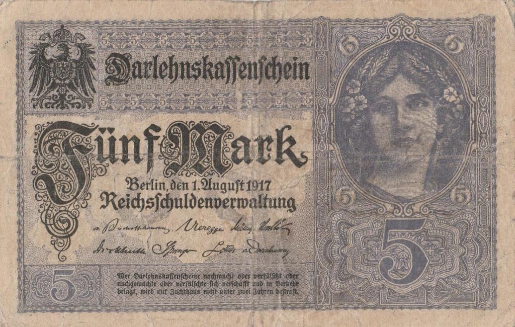 5 Mark Darlehnskassenschein-bankbiljet uit 1917, Postzegels en Munten, Bankbiljetten | Europa | Niet-Eurobiljetten, Ophalen of Verzenden