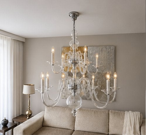 Luxe glazen kroonluchter 15-licht | Davini | nwpr. €3.500, Huis en Inrichting, Ophalen, Gebruikt, E14 (klein), Glas