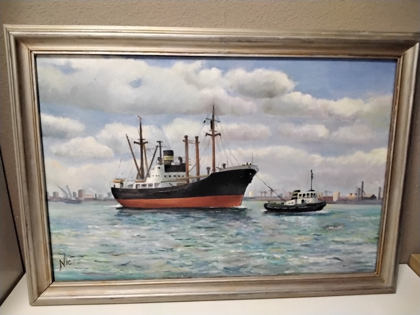 Maritiem schilderij: Schip met sleepboot op zee, Antiek en Kunst, Kunst | Schilderijen | Klassiek, Ophalen
